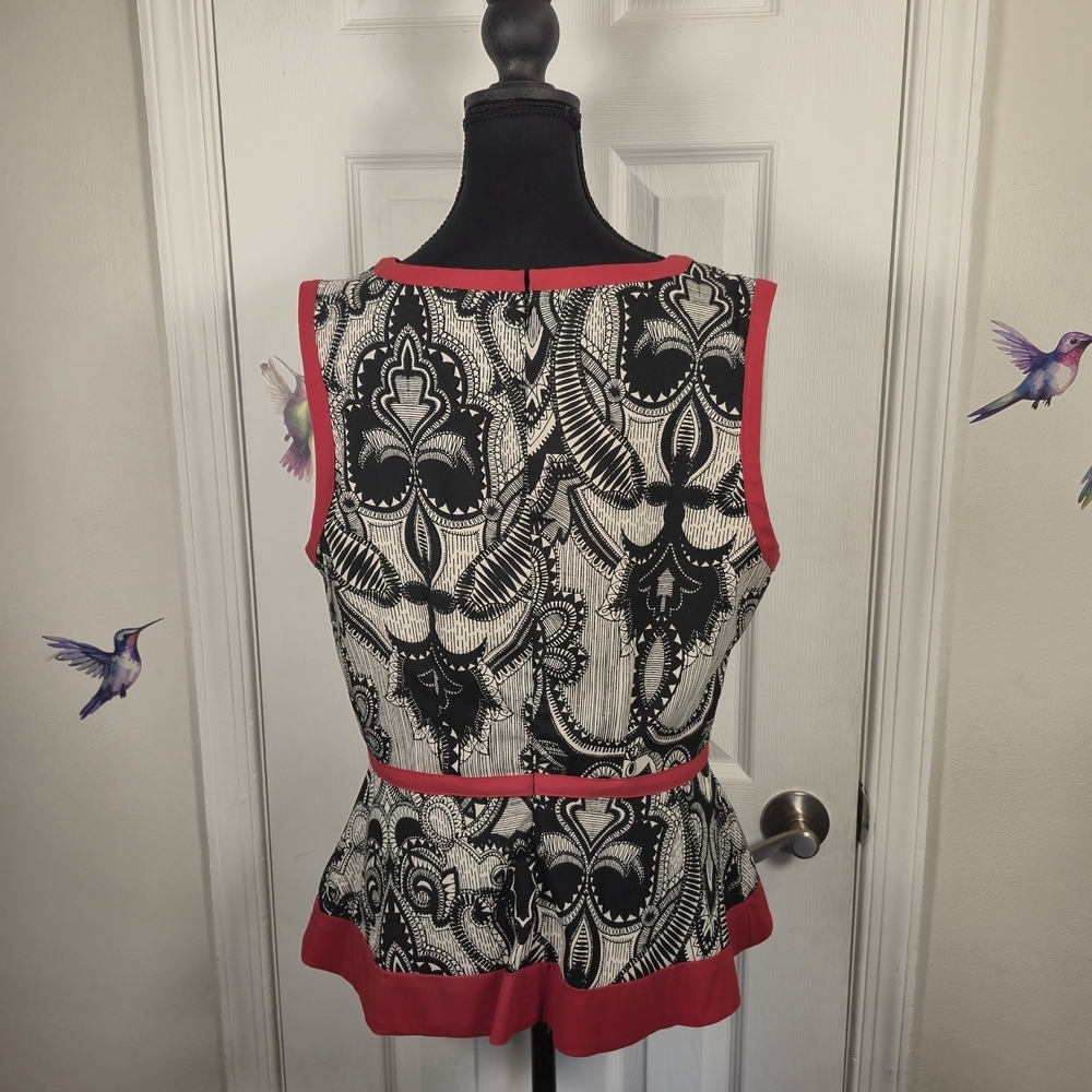 Nicole Miller Peplum Top - Black White Red Tribal Geometric Print Size L - Picture 2 of 6